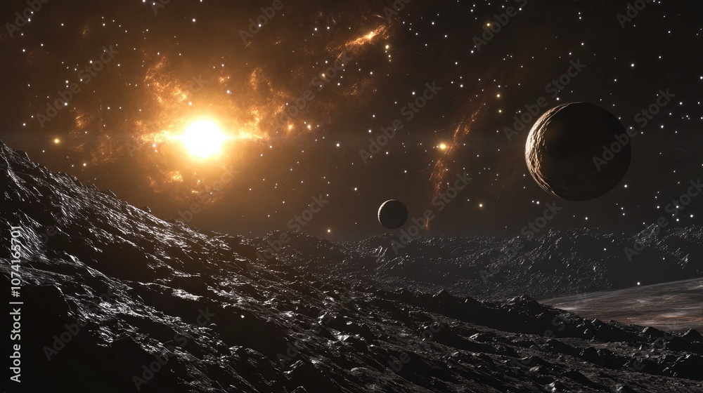 Aufkleber View of extrasolar planets nebula and stars in deep space in 3D cartoon rendering