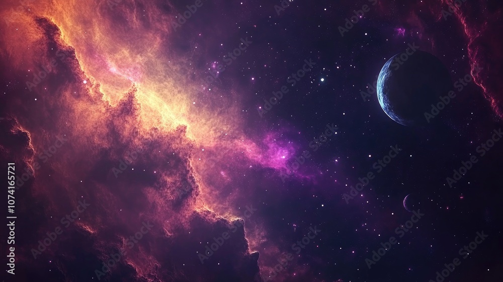Poster 2D illustration with a 3D cartoon rendering in a deep space stellar background featuring a black universe and a cold nebula