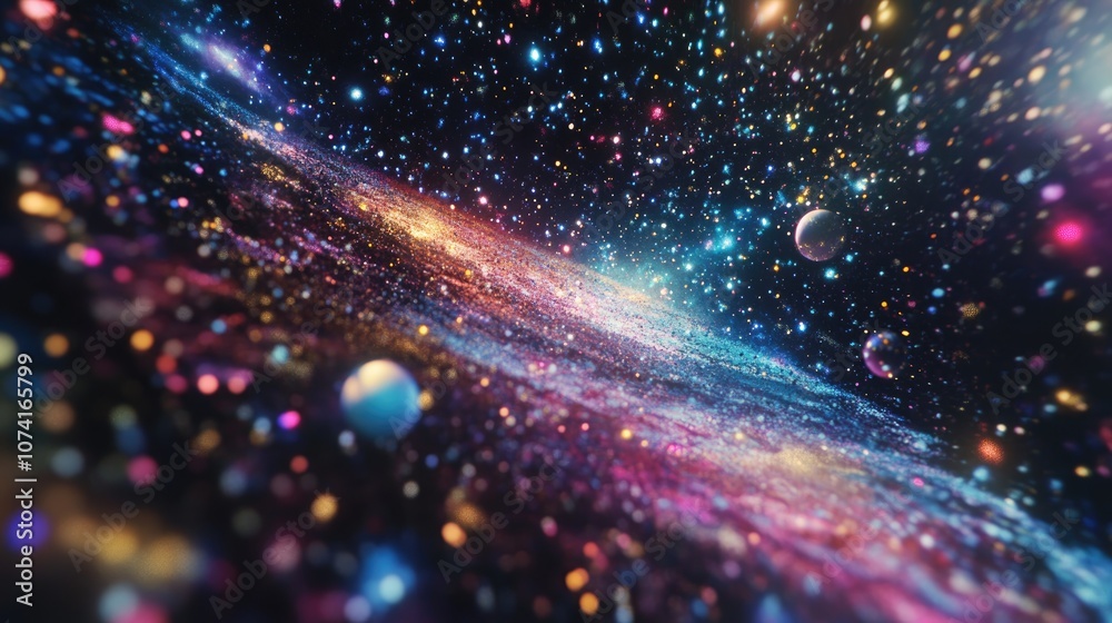Poster 3d cartoon visualization of planet and galaxy stars in outer space