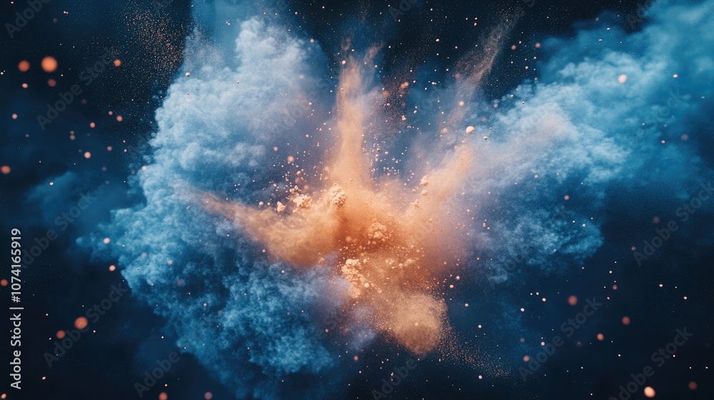 Poster blue powder explosion on a black background featuring a colorful dust cloud in a 3d cartoon renderin