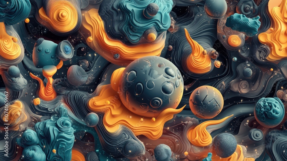 Poster Abstract geometric seamless background featuring 3D cartoon rendering of elements from cosmos flames physical phenomena and concepts in nature and medicine