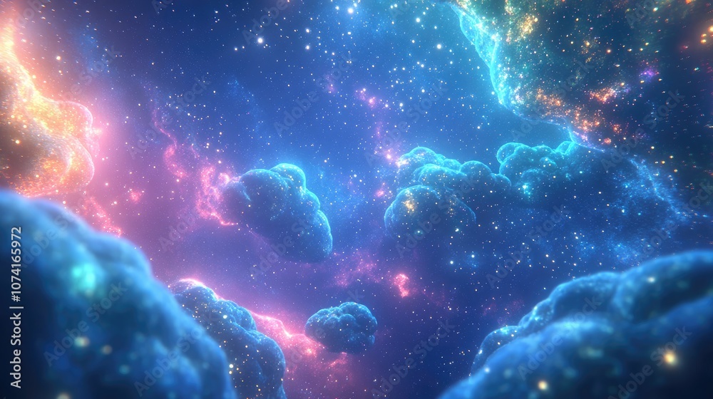 Poster 3D illustration of a space nebula in a cartoon rendering style suitable for science research and education projects