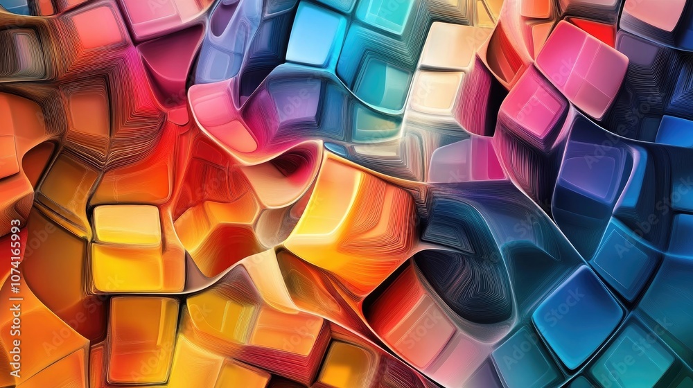 Poster Extruded abstract fractal background with a futuristic wavy design Modern art painting featuring trendy desktop wallpaper elements showcasing colorful 3D rendered cubes and squares