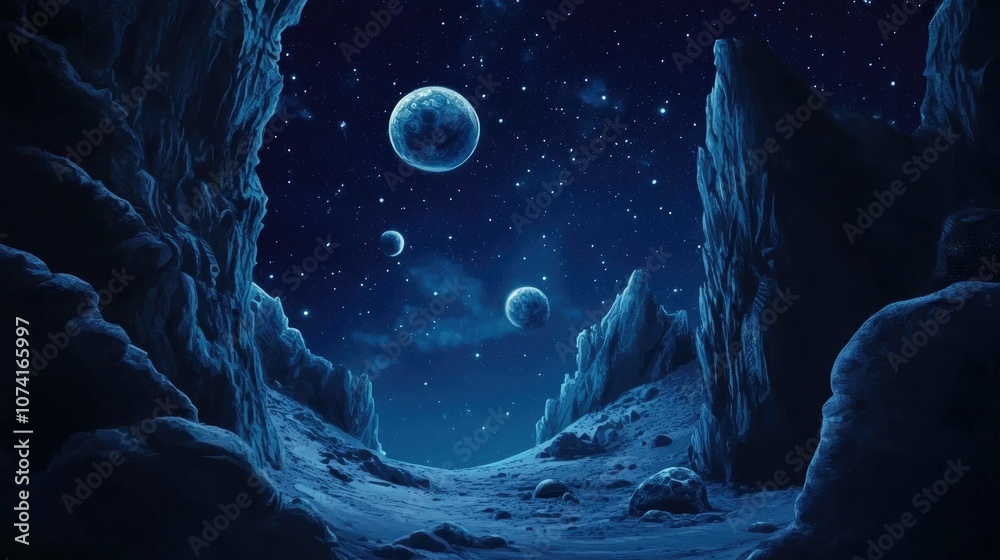Poster 2D illustration in a 3D cartoon rendering style Drawn in a cartoon style Deep interstellar space with stars planets and moons Various creative science fiction backdrops Imaginary cosmic scenery
