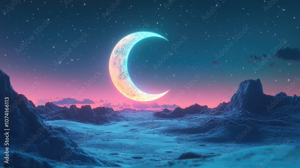 Poster beautiful view of crescent moon in 3d cartoon style rendering