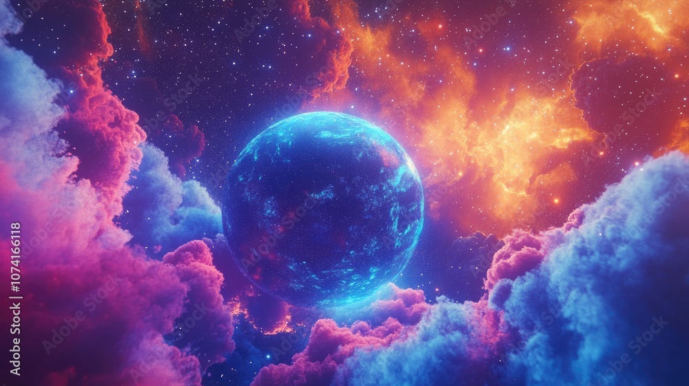Poster beautiful 3d cartoon rendering of an exo in space set against a backdrop of vibrant stars and galaxi
