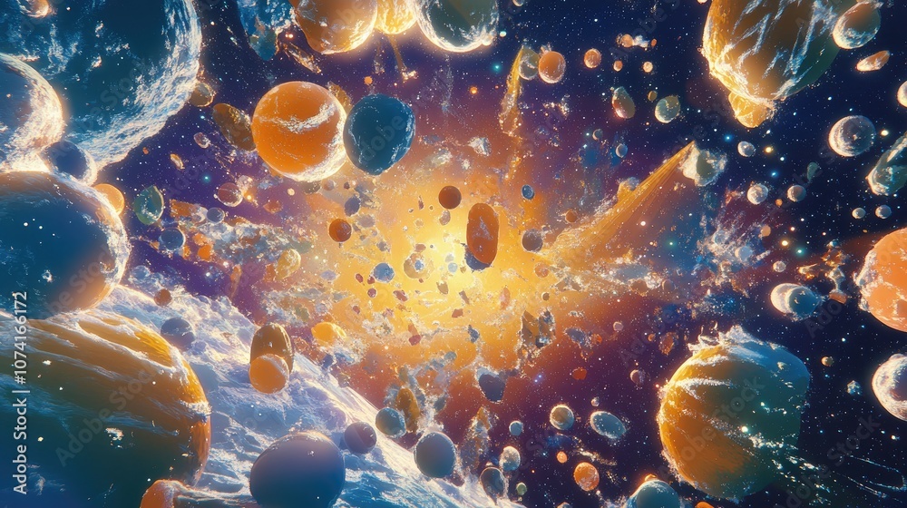 Poster A depiction of an enormous galactic cluster featuring various galaxies in 3D cartoon style