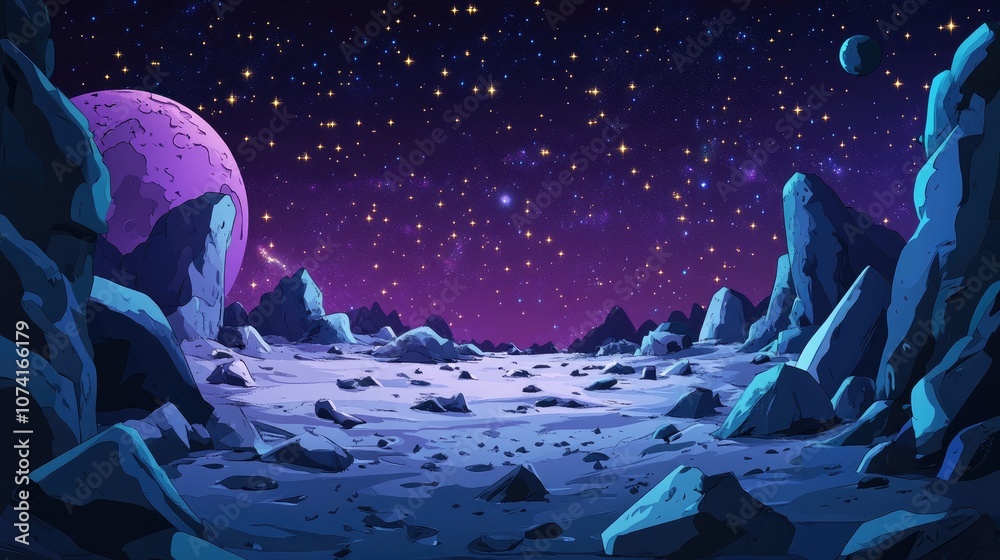 Leinwandbilder 2d illustration in a cartoon drawing style featuring a 3d rendering of deep interstellar space inclu