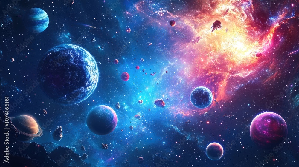 Poster Background design featuring abstract forms and planets related to science in a 3D cartoon style An explosion of stars in space showcasing a fantastic galaxy and planets from a distant solar system