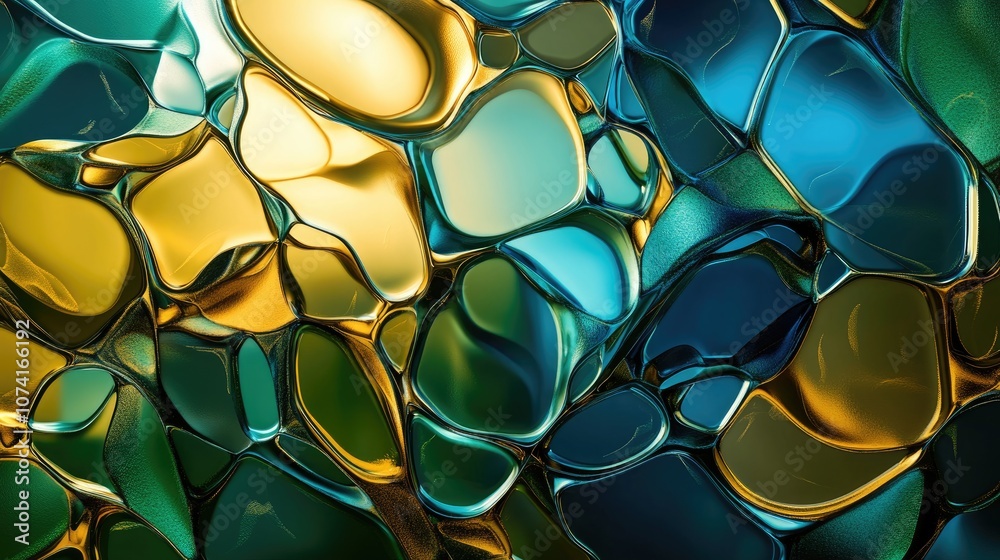 Poster Artistic abstract glass textured background in blue green and gold colors depicted in a 3D cartoon rendering