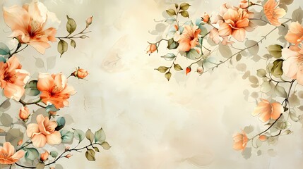 A delicate arrangement of peach roses and green leaves on a soft beige background