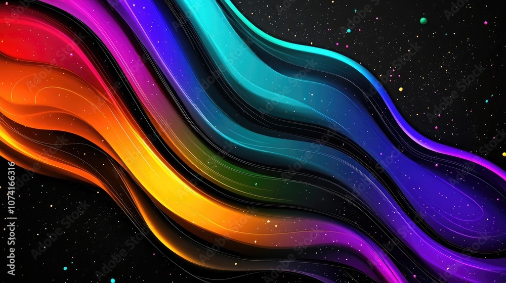 Poster Colored shiny lines on a black background in a 3D cartoon rendering