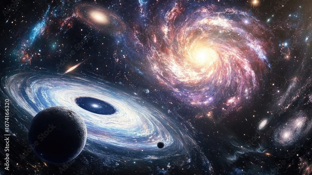 Poster galaxy in space showcasing the beauty of the universe and a black hole in a 3d cartoon rendering