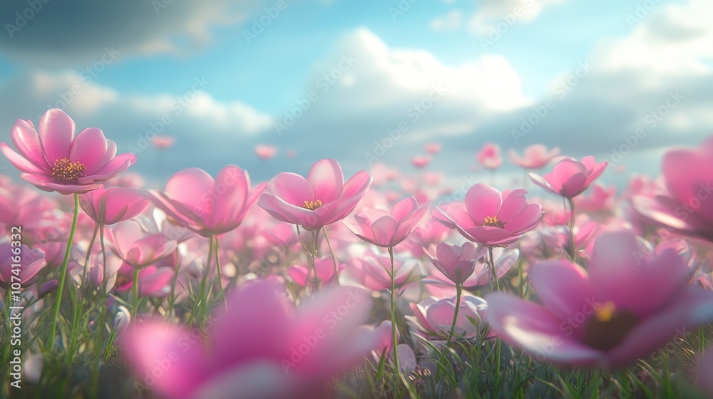 Poster Cosmos flower field with mockup and copy space in 3D cartoon rendering