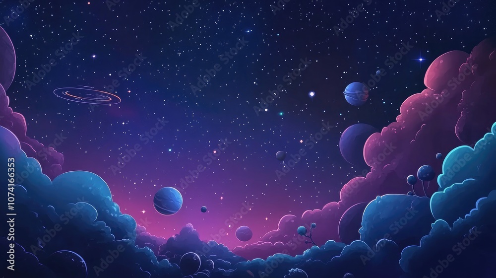 Poster 2d illustration featuring a cartoon space background with a deep vast expanse filled with stars plan