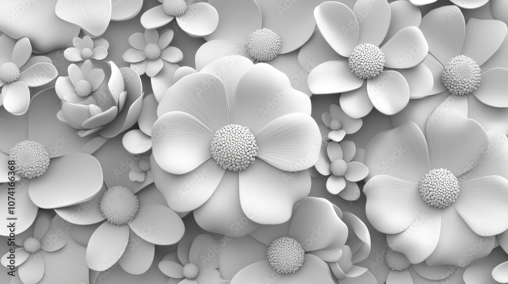Poster close up monochromatic floral design featuring a cosmos background in 3d cartoon rendering