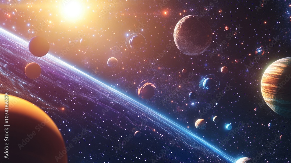 Aufkleber a 3d cartoon depiction of a vibrant cosmos featuring bright stars planets and moons diverse science 