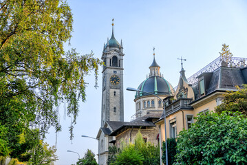 Zurich, Switzerland - July 26, 2024: The hilltop dome and tower of Kirche Enge in Zurich Switzerland
