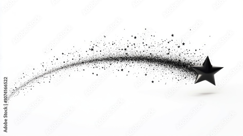 Poster elegant star trail from a black shooting star in 3d cartoon rendering on white background