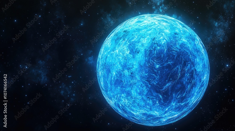 Poster Psychedelic abstract blue planet disintegrating in the darkness of the universe in a 3D cartoon rendering Close up of a soap bubble against a dark background