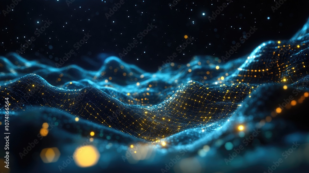 Aufkleber Abstract landscape in a dark background featuring a cyberspace grid and hi tech network starry outer space texture depicted through 3D cartoon rendering