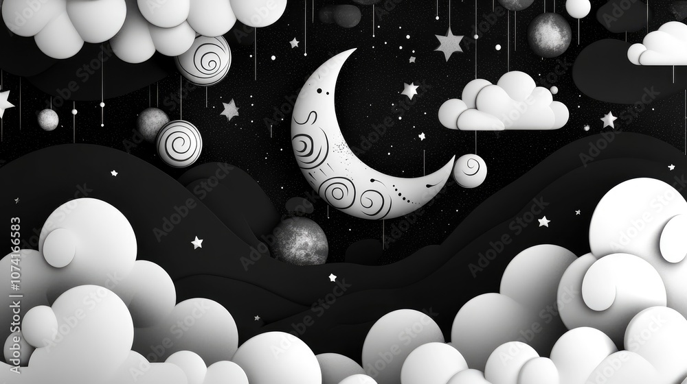 Poster crescent moon and stars illustrated in a 3d cartoon style featuring abstract patterns and space elem