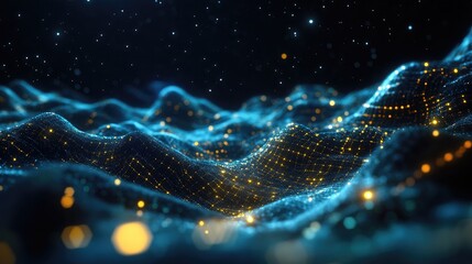 Abstract landscape in a dark background featuring a cyberspace grid and hi tech network starry outer space texture depicted through 3D cartoon rendering