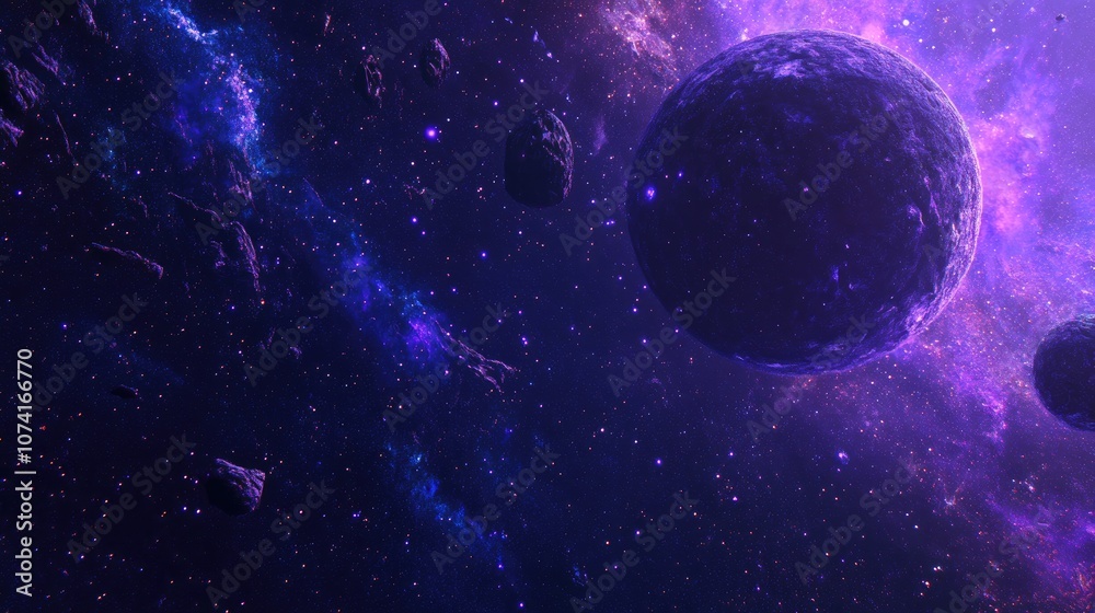 Poster 2d illustration with a cartoon cosmos background rendered in 3d featuring deep interstellar space wi