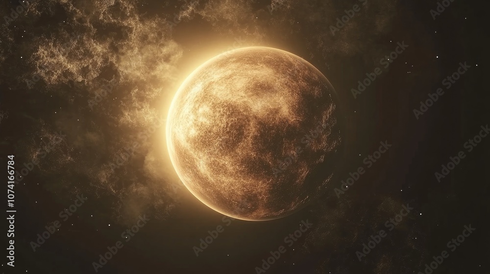 Poster beautiful alien planet with a cloudy atmosphere illuminated by a star presented in 3d cartoon render