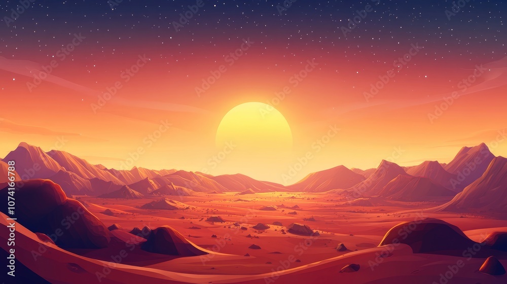 Poster 3D cartoon rendering featuring a panoramic view of Mars at sunset and sunrise showcasing the Martian surface in a banner format