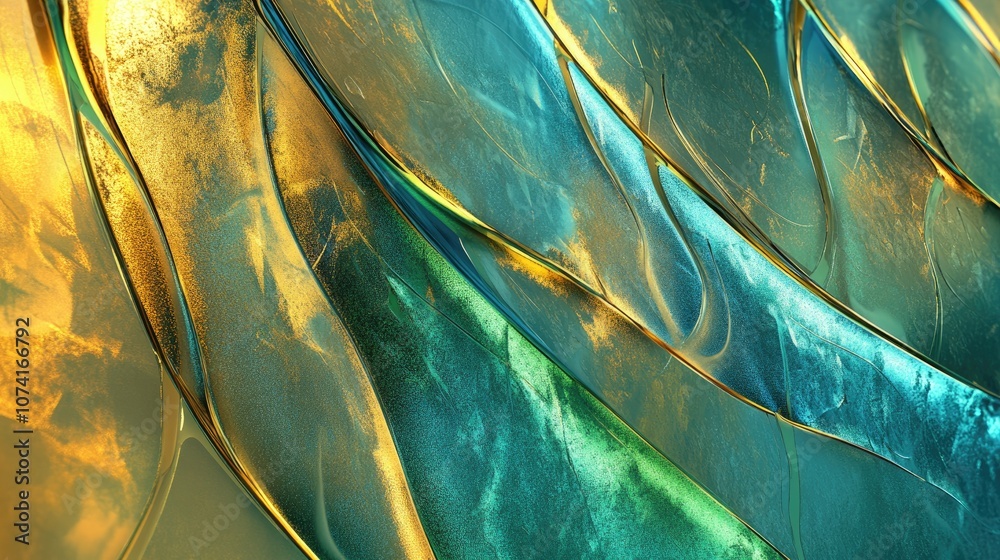 Poster Artistic abstract glass textured background in blue green and gold colors depicted in a 3D cartoon rendering