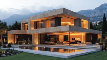 Fototapeta premium Modern architectural design featuring a sleek, illuminated house.