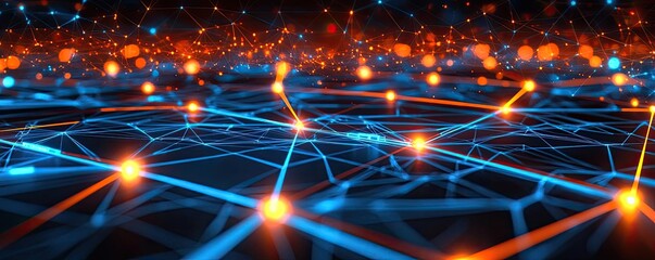 Abstract digital network background with glowing nodes and interconnecting lines.