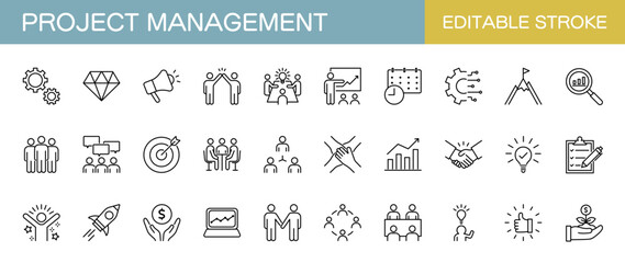 Project management line icons set. Vector illustration, editable stroke