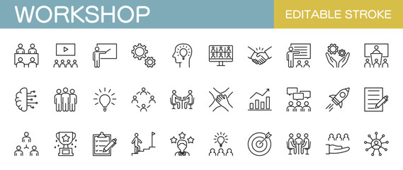 Workshop line icon set. Editable stroke, vector illustration