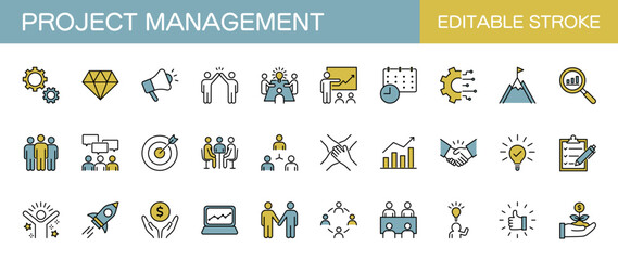 Project management line icons set. Vector illustration, editable stroke, color