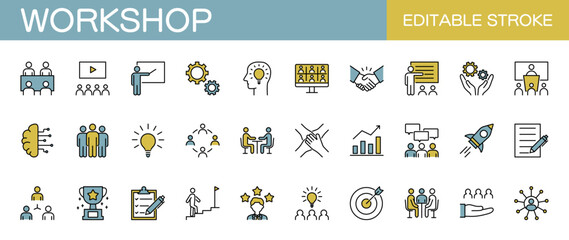 Workshop line icon set. Editable stroke, color vector illustration