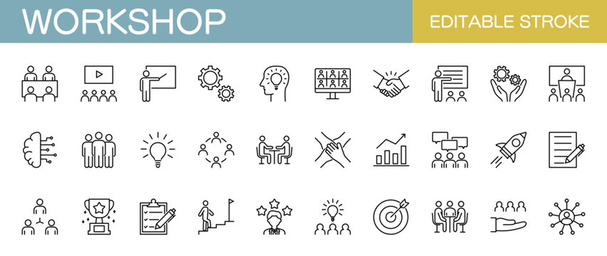 Workshop line icon set. Editable stroke, vector illustration