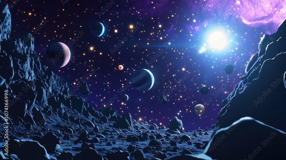 Poster 2d illustration featuring a vast space scene with bright stars planets and moons includes various sc