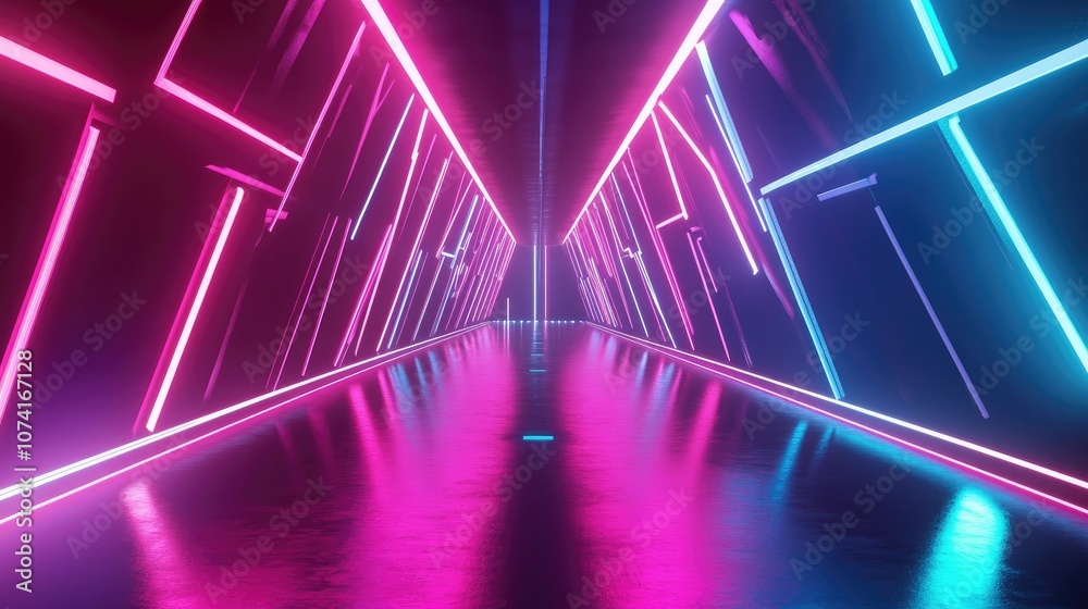 Aufkleber Neon lights grid net cyber retro tunnel graphics illustration background in a 3D cartoon rendering showcasing a new quality futuristic vintage style cool and visually appealing stock image