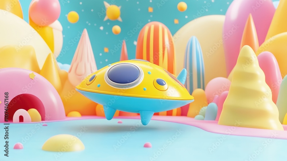 Poster colorful cartoon scene featuring a humorous depiction of a galactic ufo spacecraft in a cosmic setti