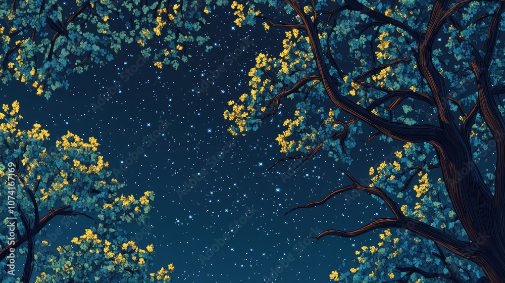 Poster night sky background featuring stars above oak tree branches in early spring rendered in 3d cartoon 