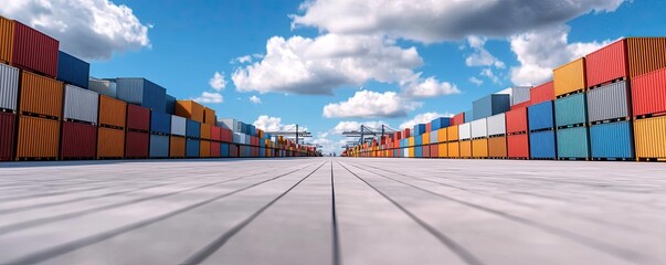 Fototapeta premium Colorful shipping containers aligned at a port under a blue sky