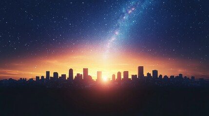 Cartoon style 3D rendering of a night landscape featuring stars the Milky Way galaxy and silhouettes of an urban city during sunset and sunrise