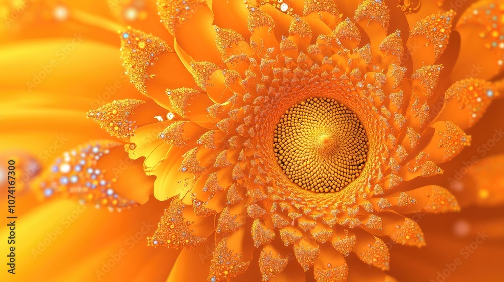 Poster fractal image depicting the abstract representation of the sun or sunflower in a 3d cartoon style