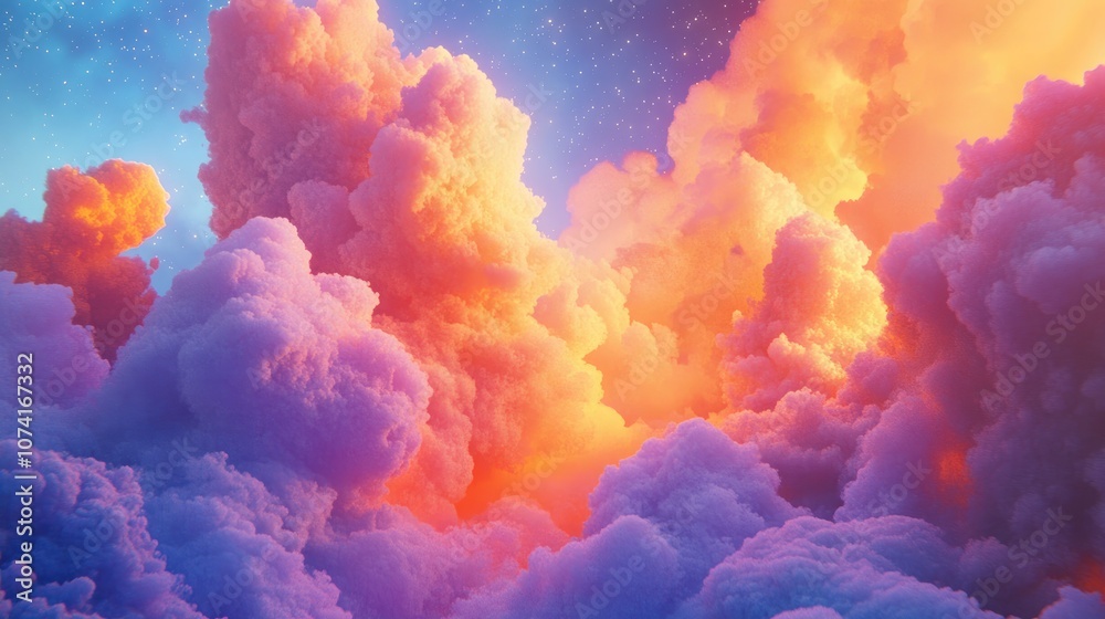 Poster Colored clouds in a nebula rendered in 3D cartoon style inspired by a combination of space imagery