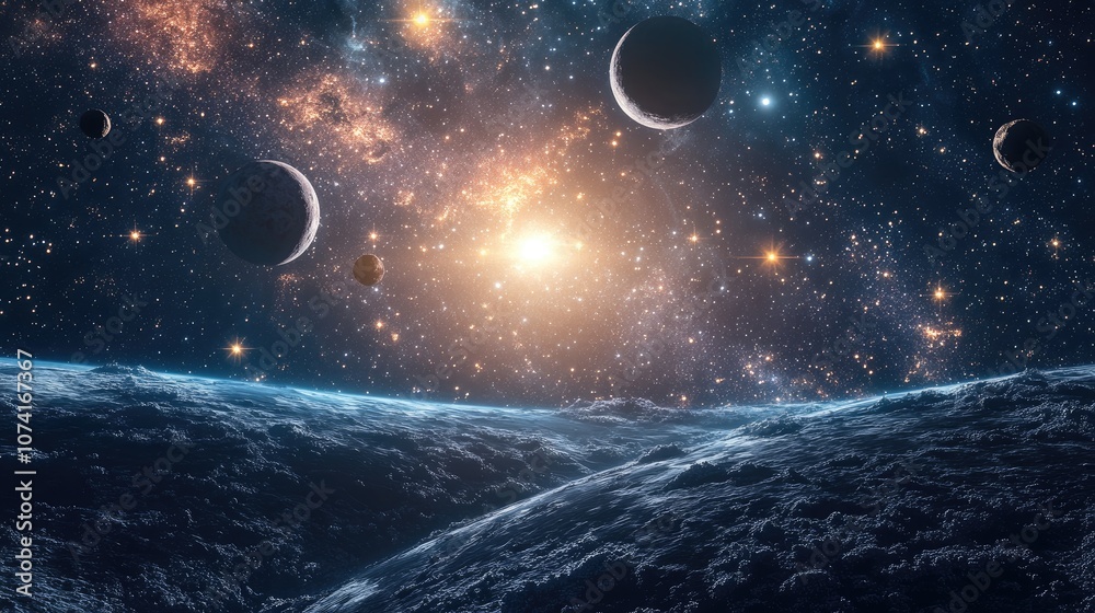 Poster 3D cartoon visualization of a 2D illustration featuring a realistic star pattern background An empty interstellar space with bright flashing stars planets and moons A variety of creative backdrops