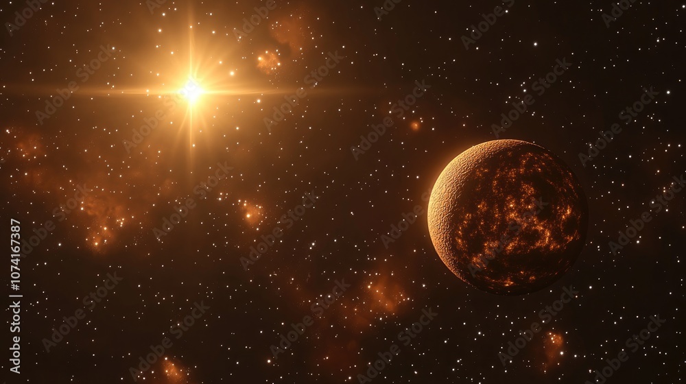 Poster 3D cartoon rendering featuring a gas exoplanet stars and a nebula in outer space