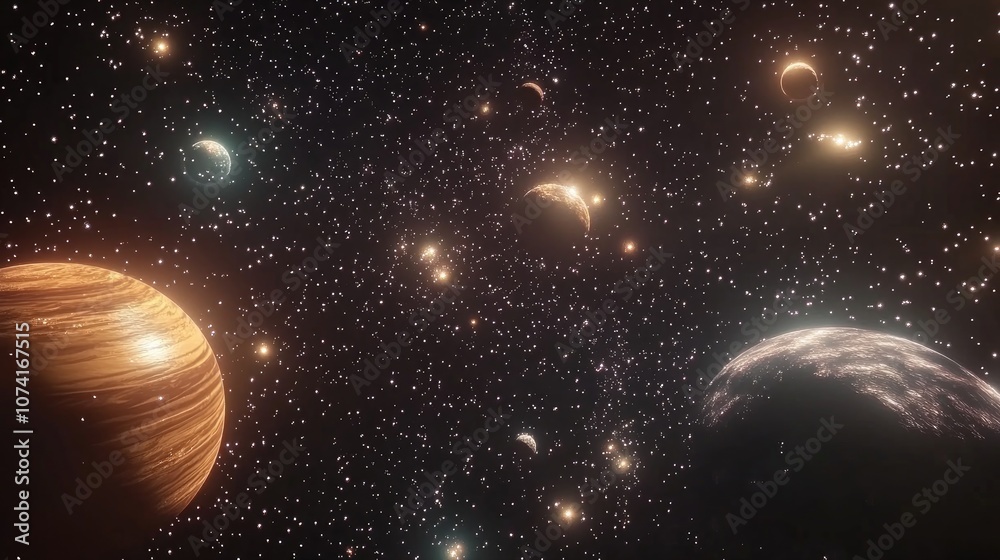 Aufkleber stars of a planet and galaxy rendered in 3d cartoon style in open space