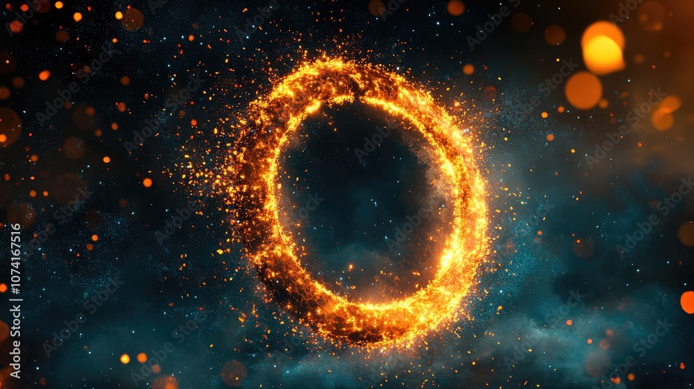 Aufkleber Abstract space wallpaper featuring a form of the letter O with sparks of light and ample copy space presented in a 3D cartoon rendering Grunge abstract backdrop
